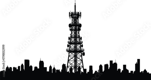 Silhouette of large telecommunications tower rising above modern city skyline, symbolizing wireless communication, broadcast technology, digital networks, and urban infrastructure development