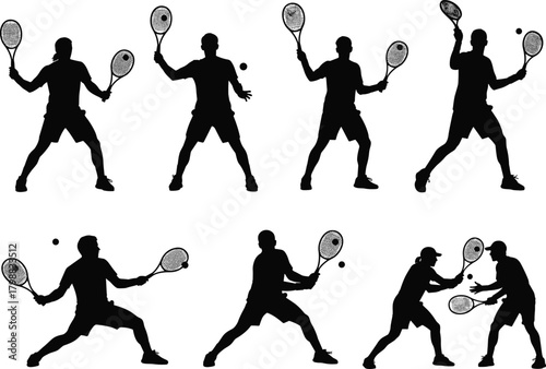 Set of Tennis Player Silhouettes Showing Forehand, Backhand, Serving, and Volley Poses for Sport, Fitness, and Competition Graphic Vector