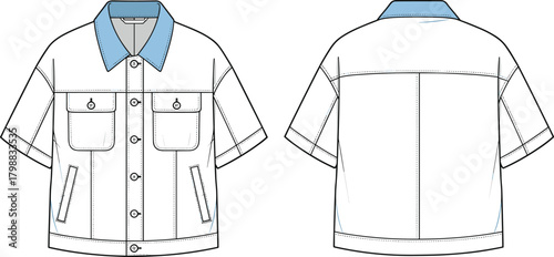 Technical Flat Sketch of Oversized Short Sleeve Denim Jacket Apparel CAD Drawing Vector Illustration with Pointed Collar, Patch Pockets, and Front Button Placket.