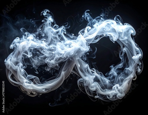 An infinity symbol, sculpted from wisps of white smoke against a stark black background, symbolizing endlessness
