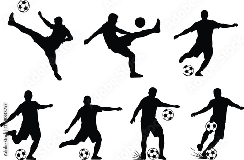 Set of Football (Soccer) Player Silhouettes Showing Kicking, Shooting, Dribbling, and Action Poses for Sport, Team, and Competition Graphic Vector