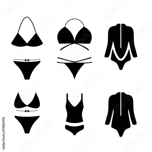 Collection of swimwear silhouettes displayed against a white backdrop showcasing various styles for summer vacation.