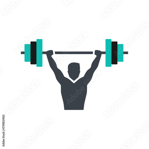 Silhouette of muscular man lifting heavy barbell overhead in gym during intense workout, showcasing strength and determination.