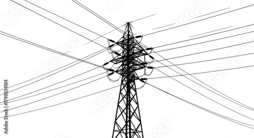 Silhouette of high voltage transmission tower with multiple intersecting power lines forming complex electrical network pattern in minimalist black and white illustration