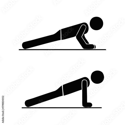 Stick figure performing pushups on the floor, demonstrating exercise routine for fitness and strength training.