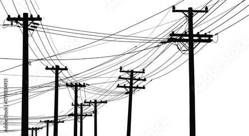 Silhouette of multiple utility poles with dense overlapping power lines forming a complex electrical network pattern in urban infrastructure black and white illustration