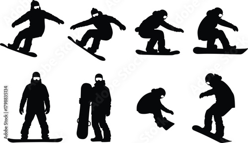 Snowboarder Silhouettes Set Showing Active Snowboarding Poses, Jumps, and Stands for Winter Sport, Adventure, and Mountain Graphic Design Vector