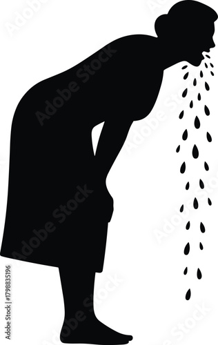 Silhouette of sick woman vomiting, nausea and illness concept, medical health symptom illustration, disease discomfort graphic, emergency sickness vector