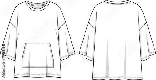 Oversized T-shirt Flat Sketch Vector Illustration Fashion Technical Drawing for Women's Loose Fit Boxy Silhouette Apparel Design with Drop Shoulder and Kangaroo Pocket