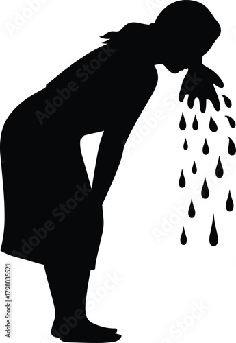 Silhouette of woman bending forward while vomiting with liquid splash, depicting sickness nausea illness symptom in simple black vector medical illustration