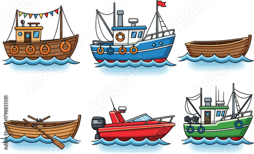 Cute vector set of cartoon boats and ships including fishing trawlers, rowboats, and speedboats floating on ocean waves isolated