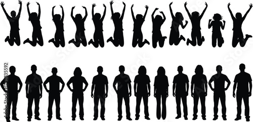Silhouette people jumping with excitement and standing in group formation, energetic human poses illustration showing celebration, joy, expression, lifestyle concept