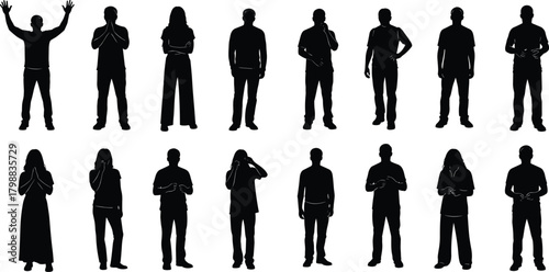 Silhouette people standing in various poses, diverse human figures illustration showing gestures, expression, posture, casual lifestyle concept for graphic design