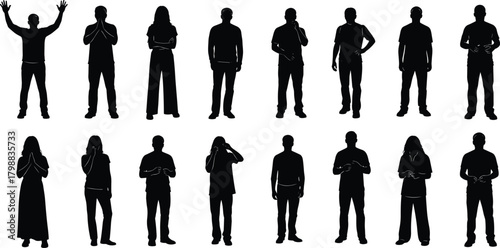 Silhouette people standing in multiple poses, diverse human figures illustration showing gestures, expressions, postures, modern lifestyle concept for design and creativity