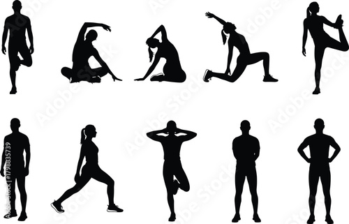 Vector set of men and women silhouettes performing various warming-up, yoga, and stretching exercises for health and fitness isolated