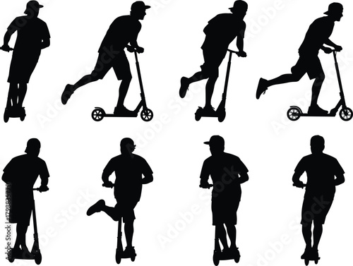 Set of young man silhouettes riding push scooters, demonstrating various fast movement and urban transportation poses isolated on white