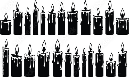 Large set of dripping wax candle silhouettes with burning flames, great for mystical, memorial, or religious ceremony concepts isolated