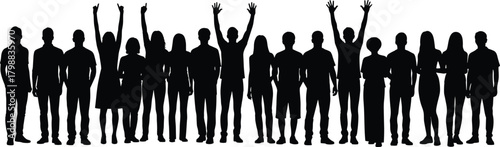 Bild auf Leinwand Silhouettes of diverse people standing together with raised arms, representing u