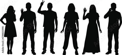 Diverse group of casual young adult silhouettes posing, greeting, and communicating with hand gestures or cell phones isolated on white