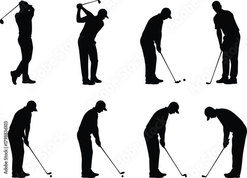Large set of male golfer silhouettes displaying various golf swing and putting positions for sports and healthy leisure activity isolated