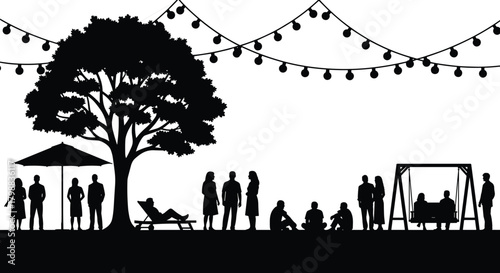 Silhouettes of people enjoying outdoor park activities under tree and string lights, relaxing, socializing, sitting, swinging, and gathering in a community environment