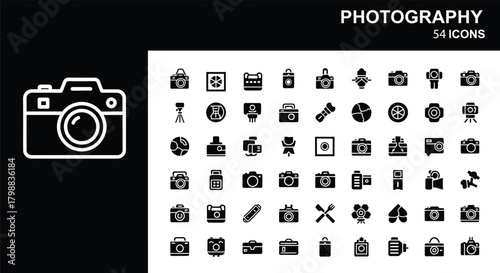 Photography and camera flat vector icons set. photo, film, picture, video, capture, tripod, lens, shutter, flash, media, vector symbols pack, perfect for web design.