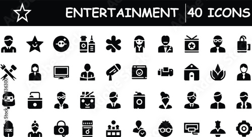 Entertainment and leisure flat vector icons set. celebrity, show, media, movie, tv, game, star, cinema, theater, party, event, vector symbols pack, perfect for web design.