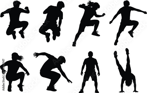 Collection of dynamic young athlete silhouettes performing jumping, running, and acrobatic exercises isolated on a clean white background