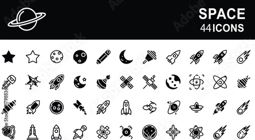 Space and astronomy flat vector icons set. planet, star, moon, comet, rocket, satellite, universe, galaxy, exploration, science, vector symbols pack, perfect for web design.