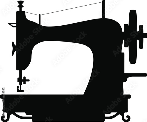 Vintage sewing machine silhouette illustration, antique tailoring equipment design, sewing tool graphic, retro craftsmanship symbol, textile industry vector art