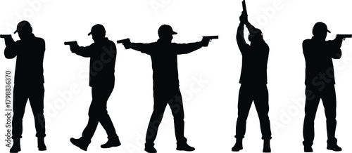 Set of five male shooter silhouettes training with pistols, demonstrating different tactical shooting and aiming poses isolated on white