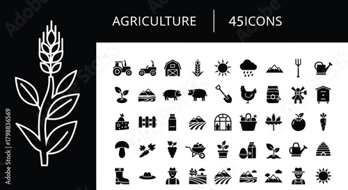 Agriculture and farming flat vector icons set. wheat, grain, harvest, tractor, barn, animal, vegetable, garden, nature, produce, vector symbols pack, perfect for web design.