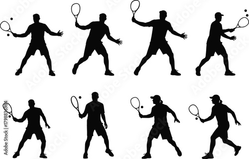 Collection of Eight Detailed Tennis Player Silhouettes Showing Various Service, Forehand, and Backhand Actions Isolated on White