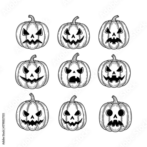 Hand-Drawn Line Art Pumpkins Collection for Autumn and Halloween