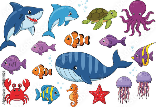 Cartoon sea animals set, cute whale shark dolphin fish octopus, underwater life collection, crab turtle starfish jellyfish vector, isolated.