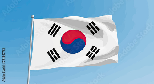 The national flag of South Korea, also known as the Taegukgi, is displayed waving against a clear blue sky.