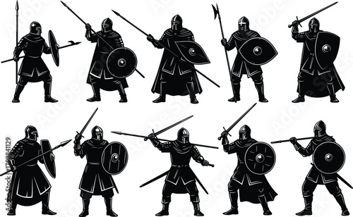 Medieval warrior silhouettes set, historical knights with swords and shields, antique army fighting characters, battle and war vector icons, isolated black.