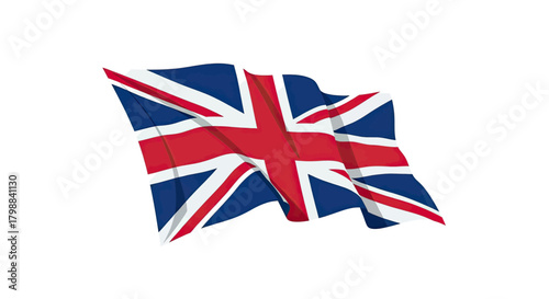 The Union Jack, the national flag of the United Kingdom, waving in the wind with a white background.
