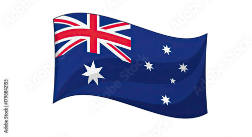 The Australian flag waving in the wind, showing the Union Jack and Southern Cross.