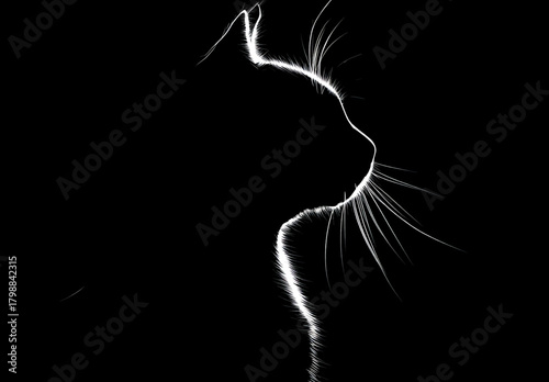 A striking silhouette of a cat's head, illuminated from behind, showcasing its delicate whiskers against a pure black background.