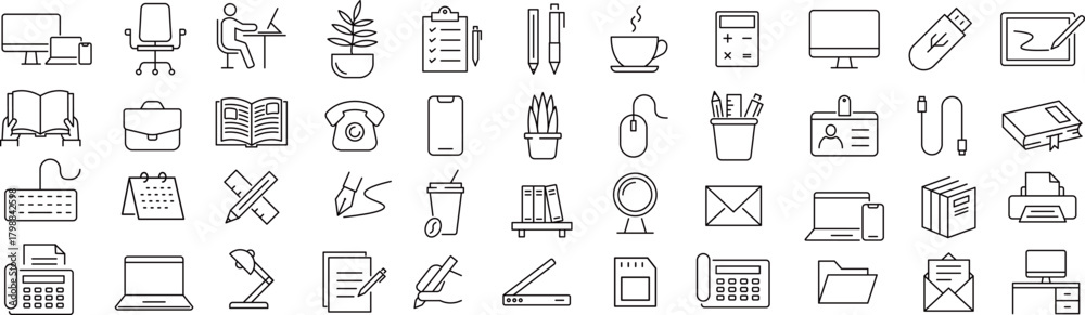 Naklejka premium ベクターでモノクロのオフィス用品に関する線画アイコンセット
