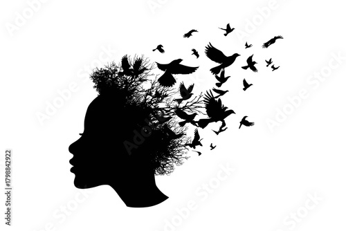 Silhouette of a woman's profile with hair transformed into a tree and birds flying away.