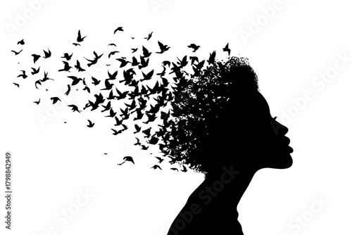 A silhouette of a woman's profile with her hair transforming into a flock of birds flying away against a white background.
