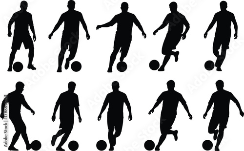 Soccer player silhouettes, football athlete poses, dynamic sports action figures, training dribbling illustrations for competitive game design projects
