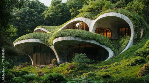 Futuristic Eco-Friendly House Blending Seamlessly into Lush Green Forest Environment.