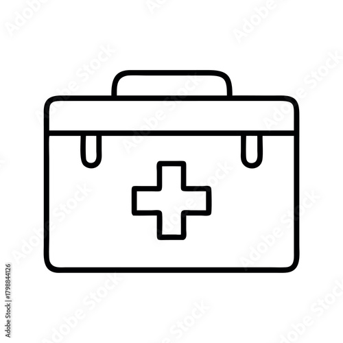 Simple line art icon of a medical first aid kit with a red cross symbol