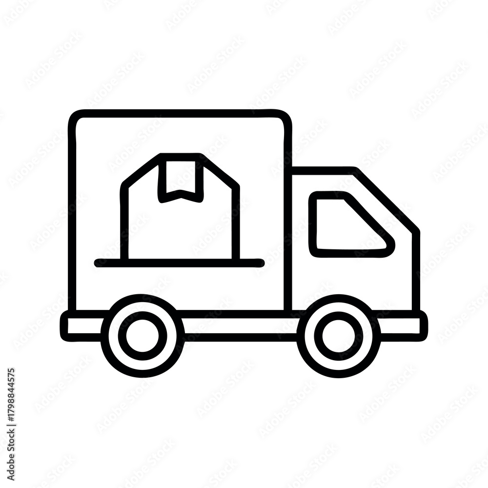 Fototapeta premium Simple line art icon of a delivery truck transporting a package for logistics services