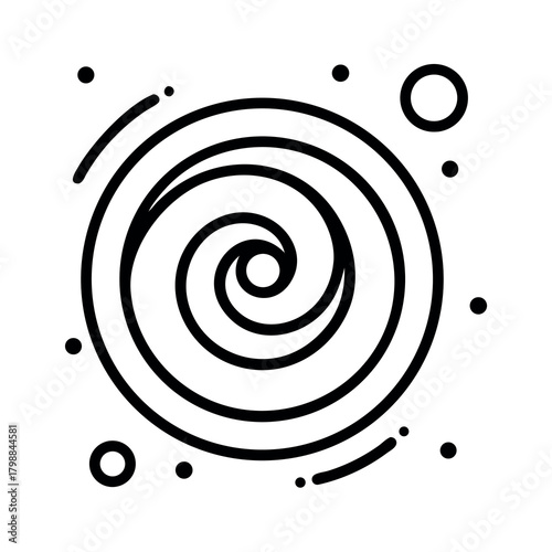 Stylized black and white illustration of a spiral galaxy with surrounding stars and planets