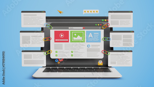 Website Link Building, Content Backlink Strategy, SEO Growth, Improved Rankings, Organic Traffic Boost, Digital Visibility Tactics. 3D website page with  backlink pages on a laptop screen