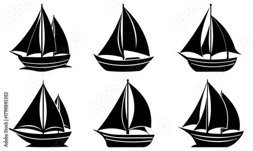 Collection of six black silhouette sailboat illustrations with varying sail configurations and hull designs